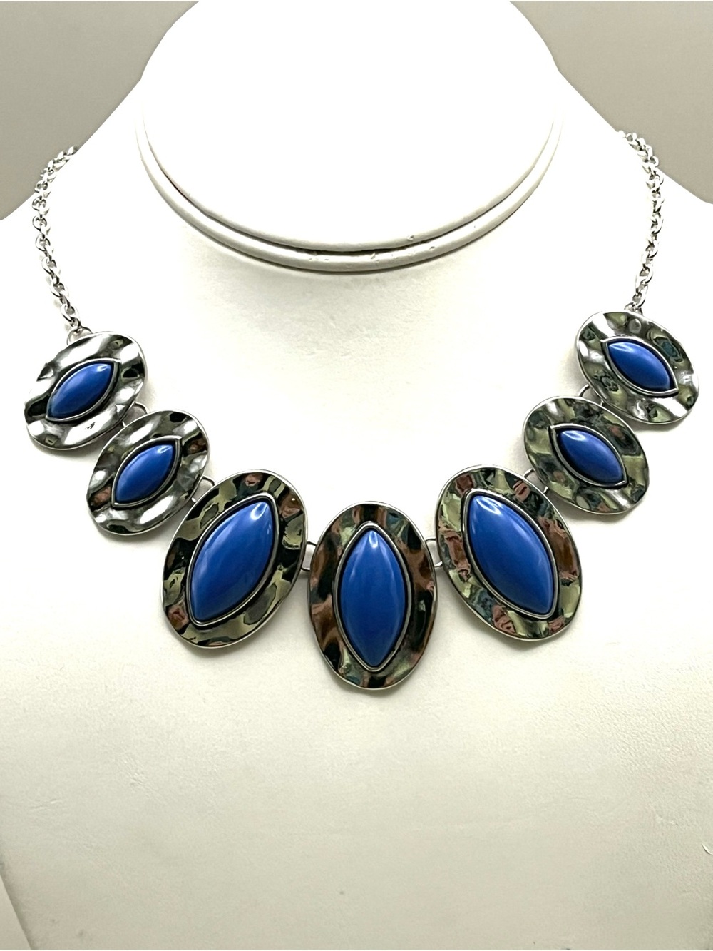 Cobalt Blue Statement Bib Necklace Silver Tone Hammered MarquiseCabochon Collar
